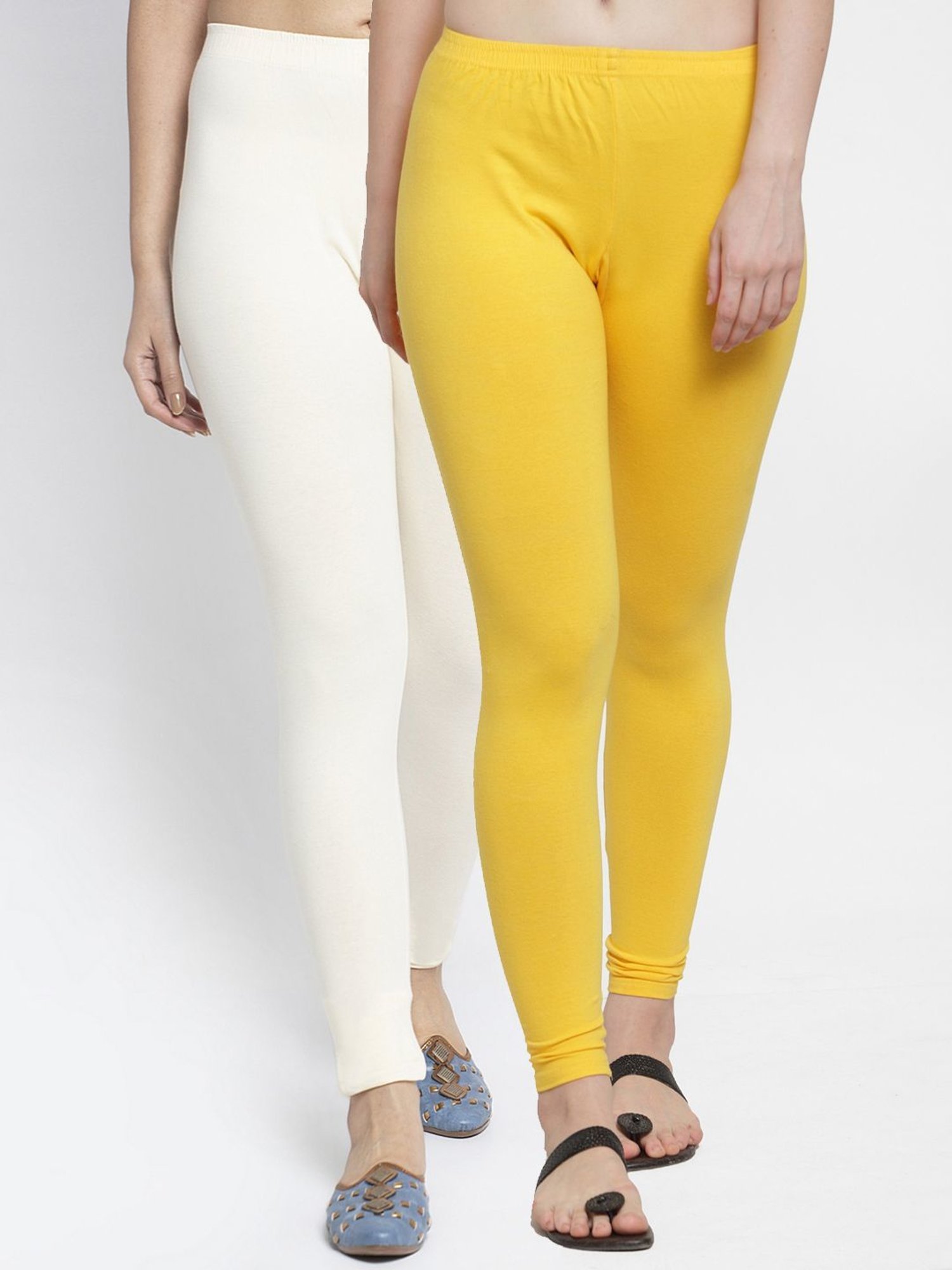 Gracit Yellow & Off-White Mid Rise Leggings - Pack Of 2