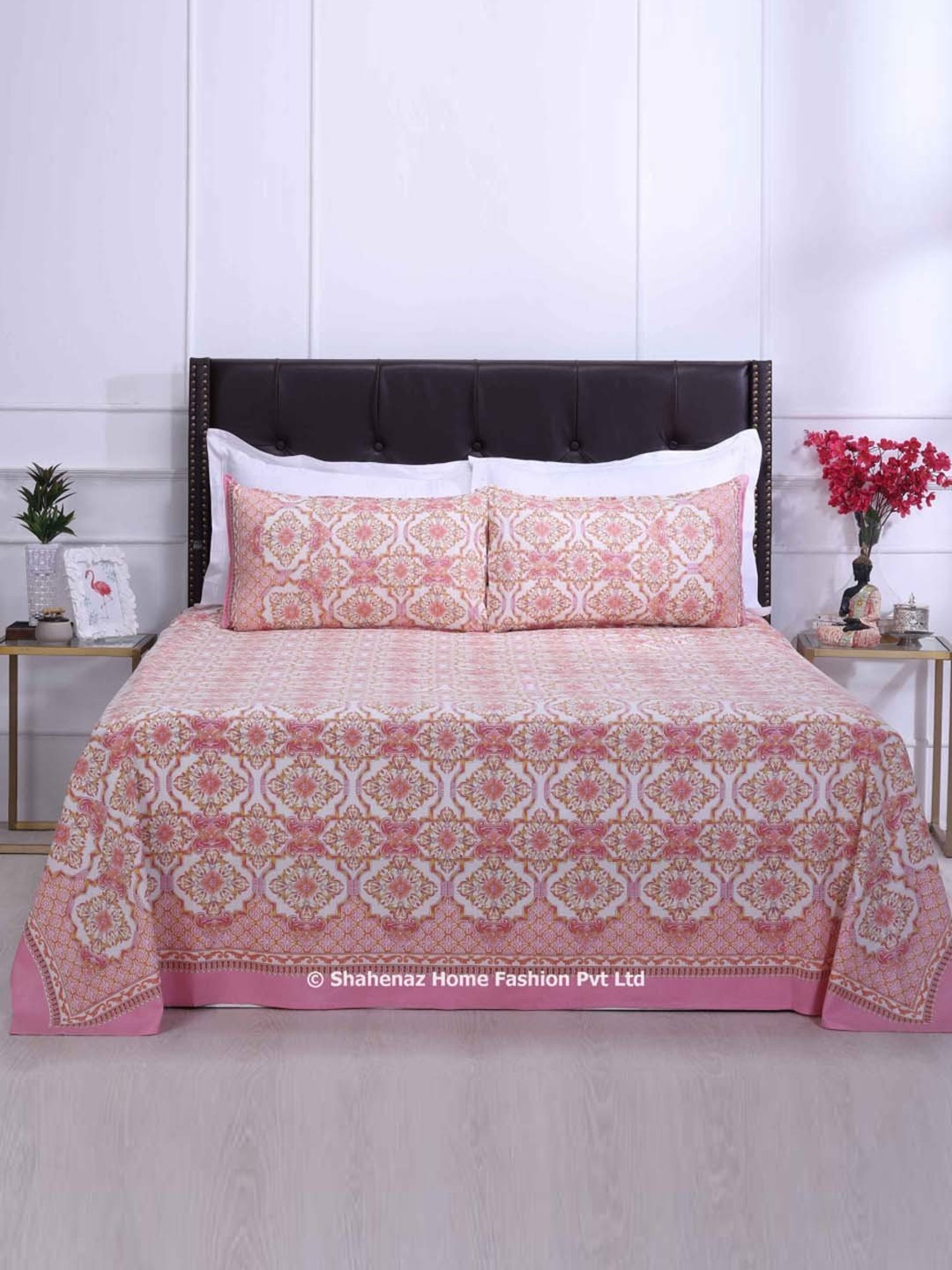 Shahenaz Pink 120 TC Cotton Nandini Double Bedsheet with 2 Pillow Covers