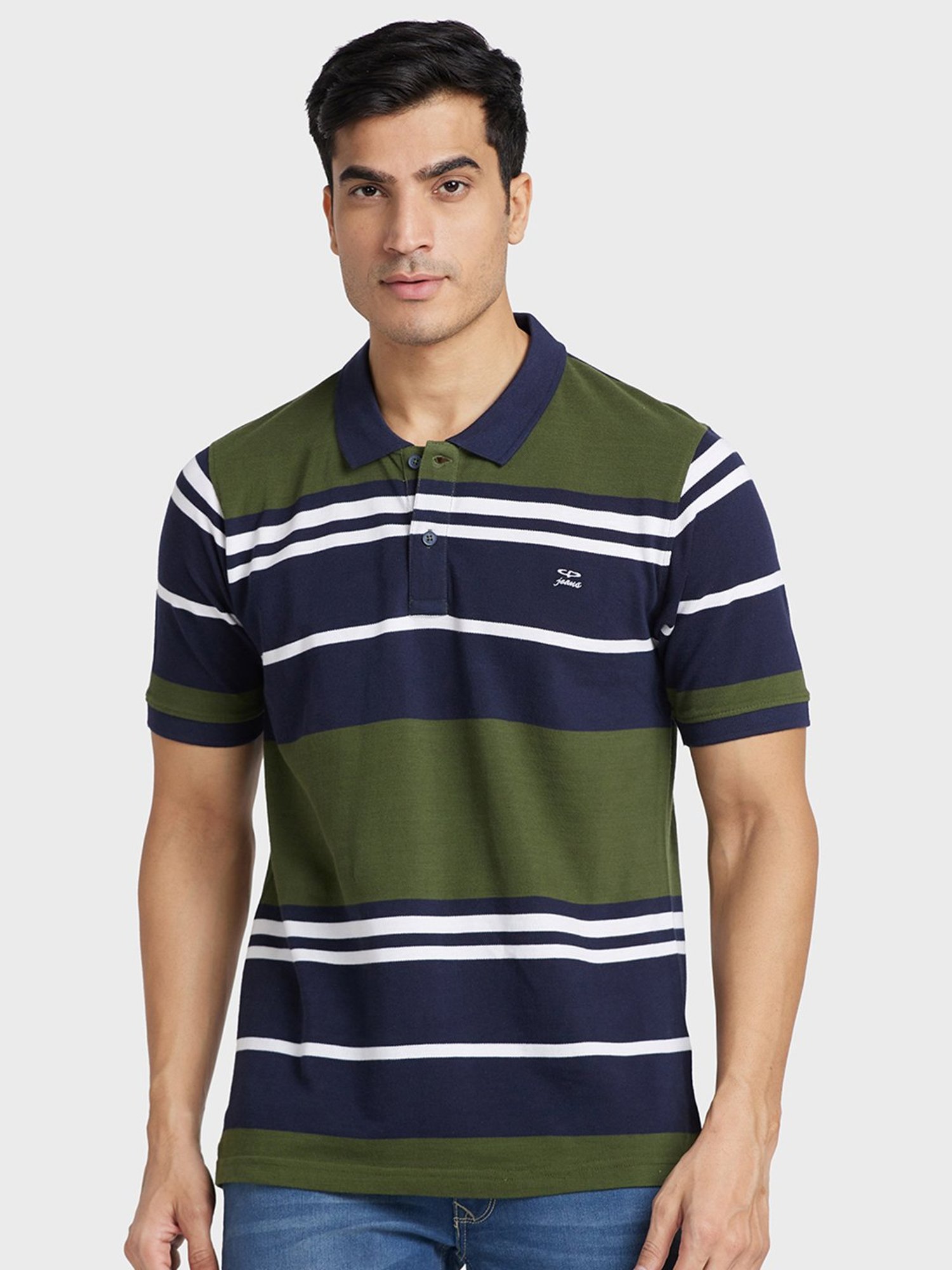 Colorplus Green & Blue Cotton Tailored Fit Striped Polo T-Shirt