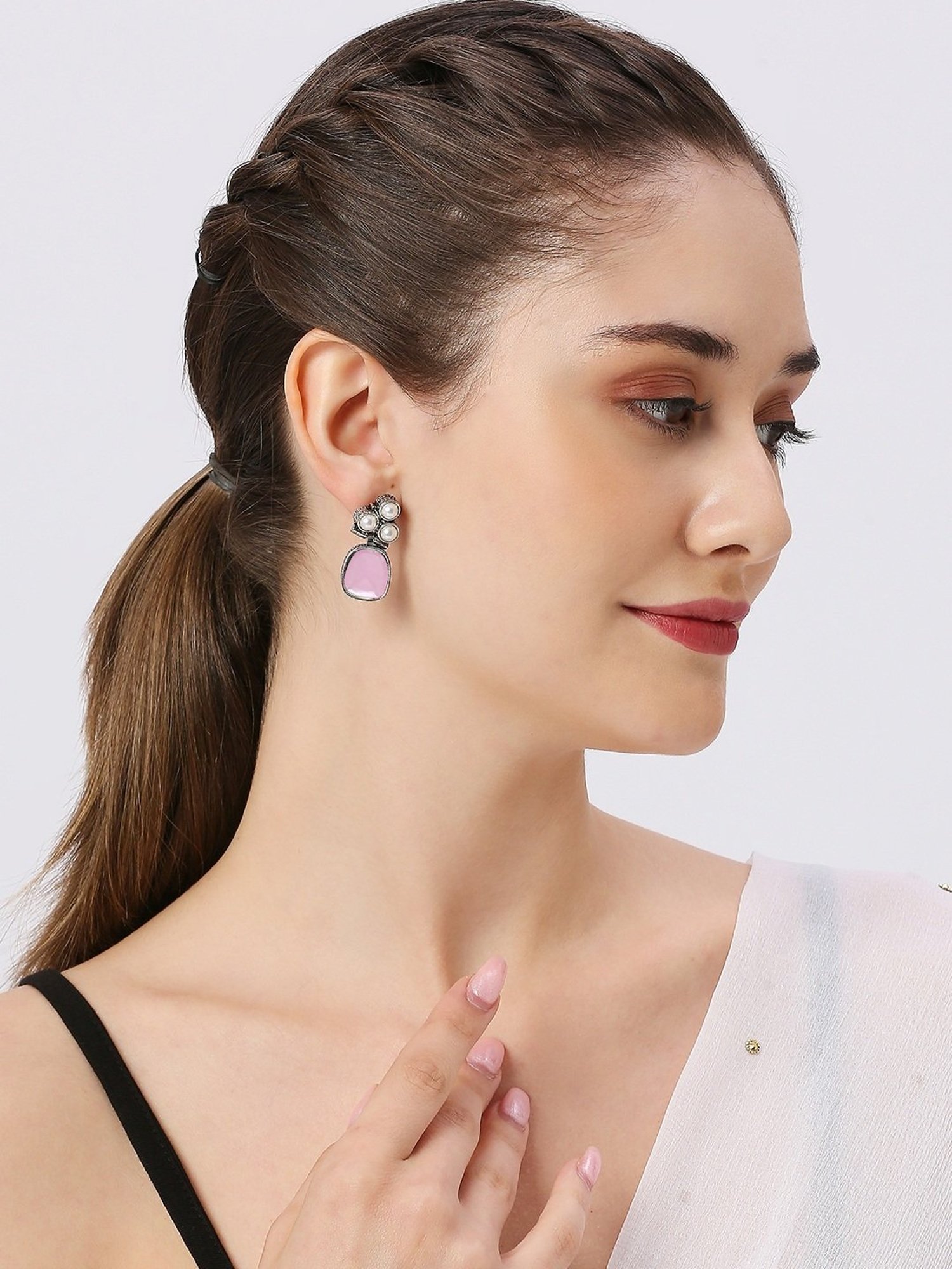 Oomph Jewellery Oxidized Silver Small Ethnic Pink Opal Moonstone Drop Earrings