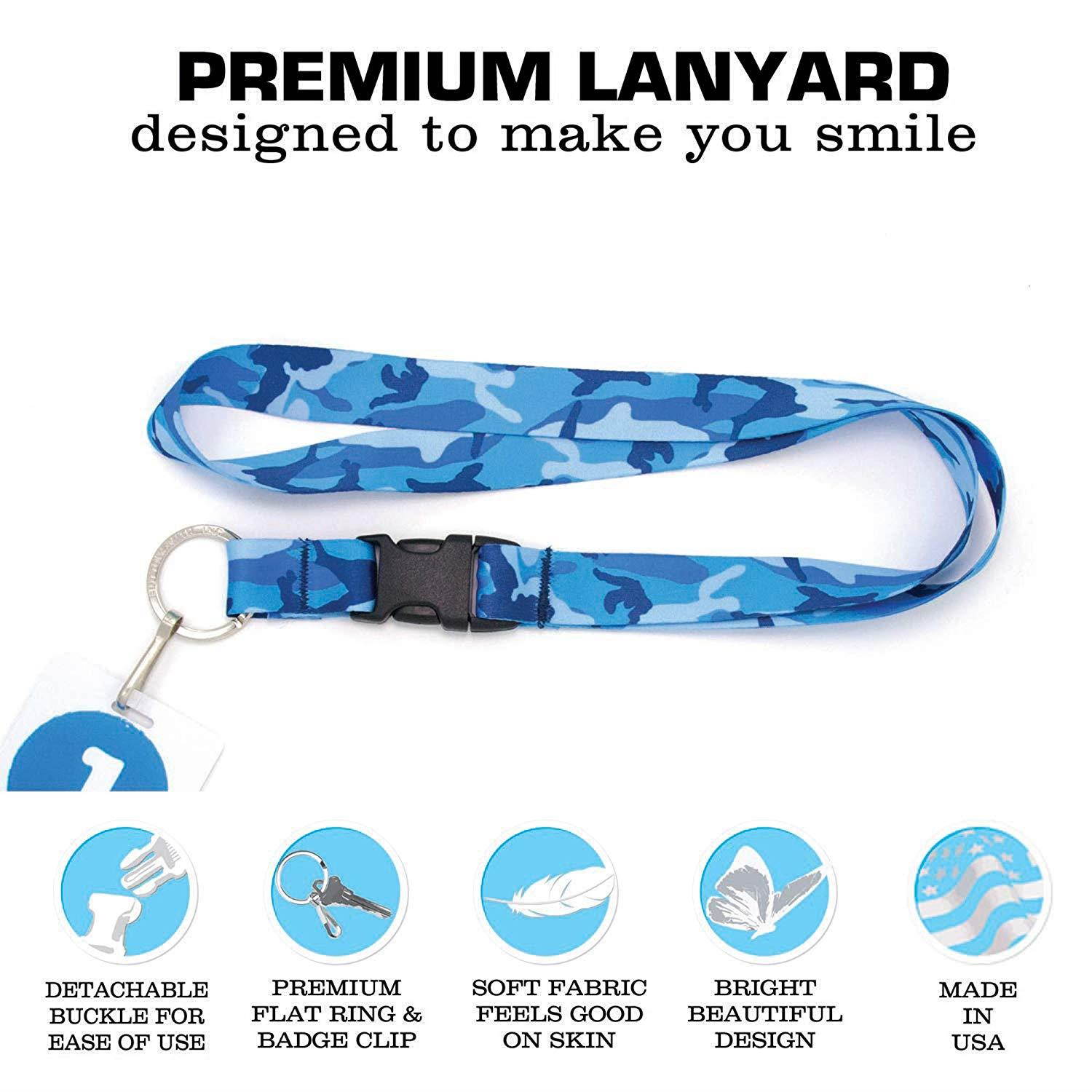 Buttonsmith Blue Camo Premium Premium Lanyard with Buckle and Flat Ring - Made in USA