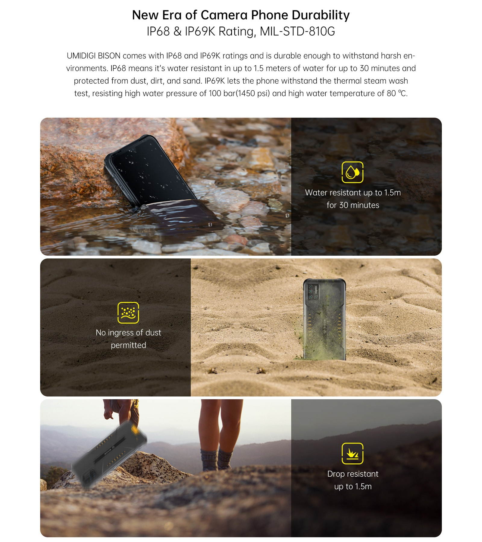 MIDIGI BISON Rugged Phone, 6GB+128GB IP68/IP69K Waterproof Dustproof Shockproof, Quad Back Cameras