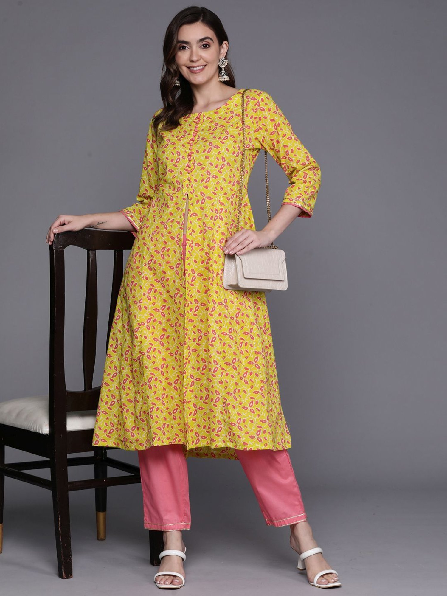 Indo Era Yellow & Pink Cotton Printed Kurta Pant Set