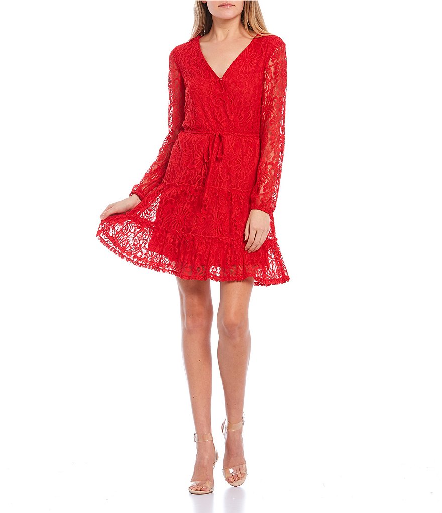 City Vibe Long-Sleeve Surplice V-Neck Lace Tiered Faux-Wrap Dress