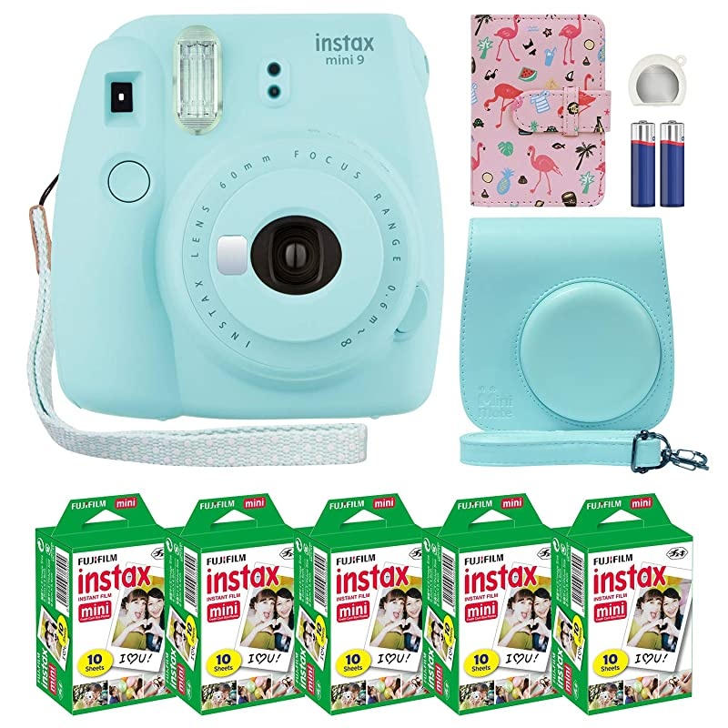 Instax Mini 9 Instant Camera Ice Blue with Custom Case + Fuji Instax Film Value Pack 50 Sheets Flamingo Designer Photo Album for Fuji instax Mini 9 Photos