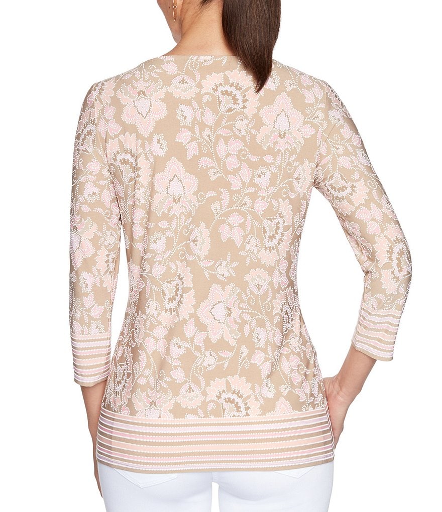 Ruby Rd. Floral Puff Border Print Boat Neck 3/4 Sleeve Top