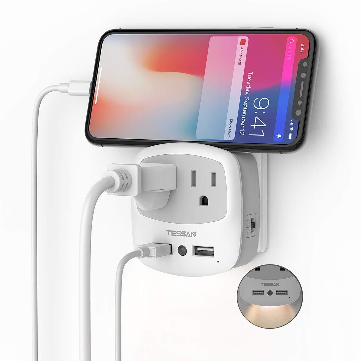 USB Outlet Plug Extender, TESSAN Power Outlet Expander with USB Wall Charger and Night Light Adapter for Travel Cruise Essentials, Mini Phone Charger with Multiple Outlet Splitter