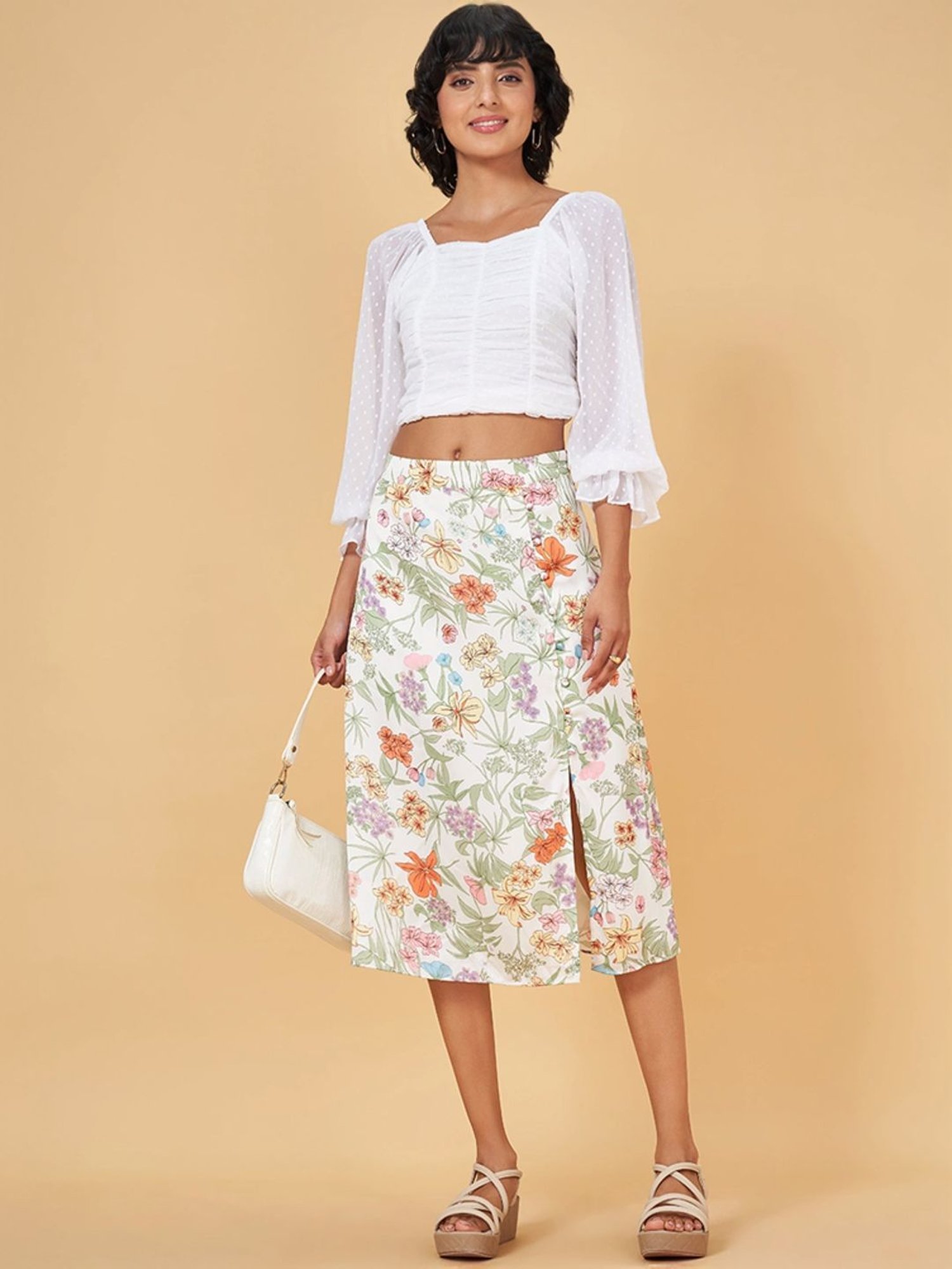 Honey by Pantaloons White Floral Print A-Line Skirt