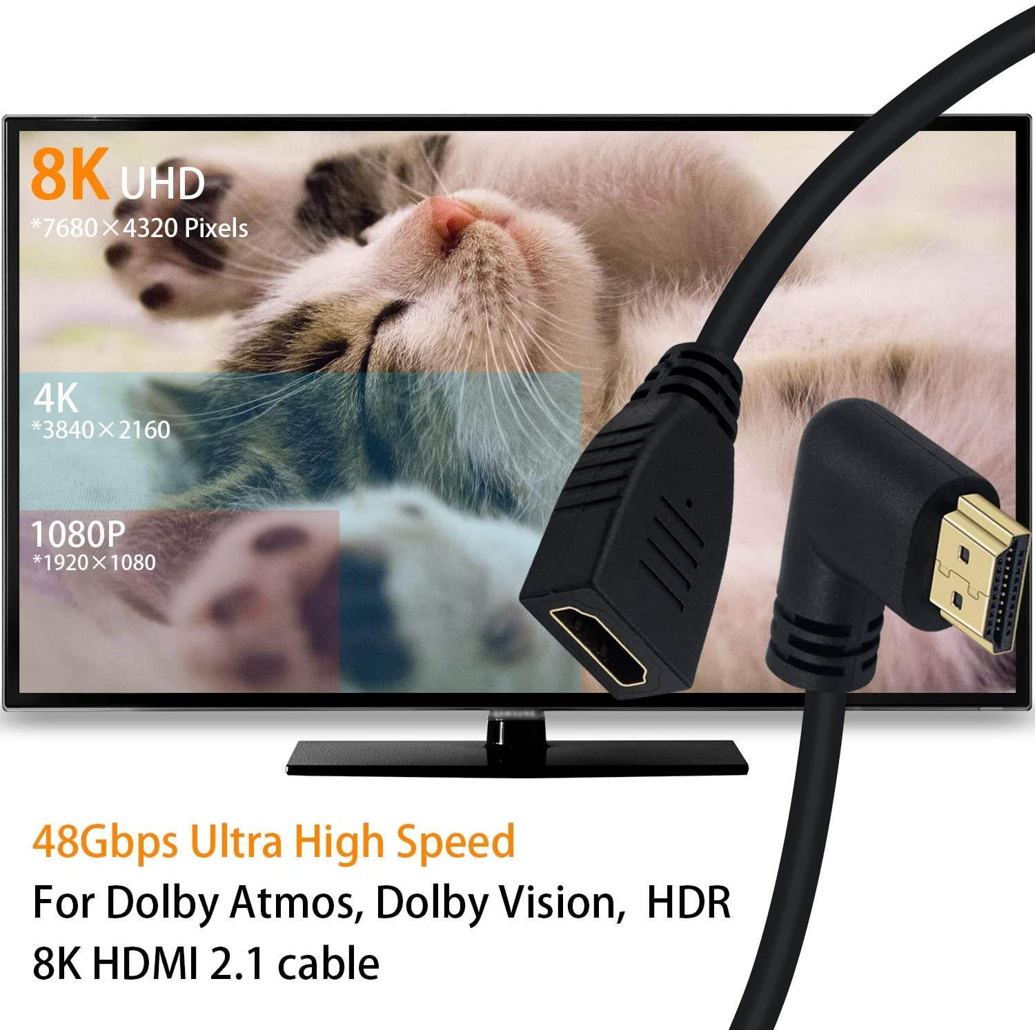 Poyiccot 8K HDMI Extension Cable Short 8K HDMI 90 Degree Right Angle Male to Female HDMI 2.1 Cable Adapter 48Gbps with 8K 60Hz Video and 3D HDR for TV/Xbox /PS4 /PS5 (Right M/F) 0.5feet