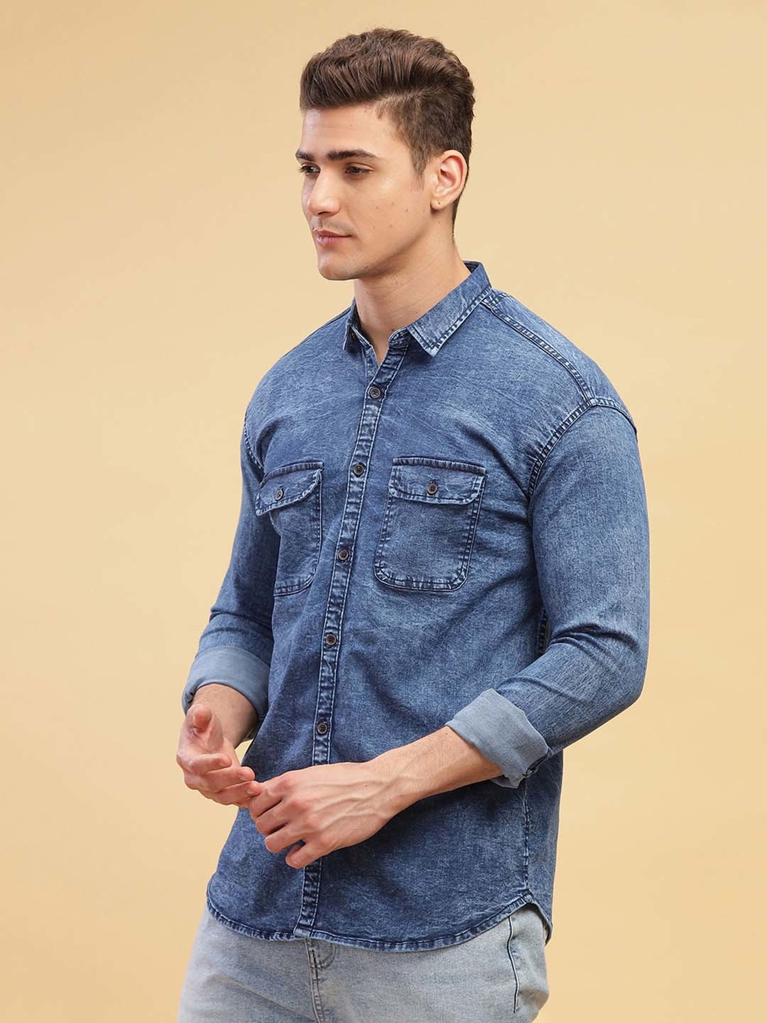 Kuons Avenue Blue Slim Fit Denim Shirt