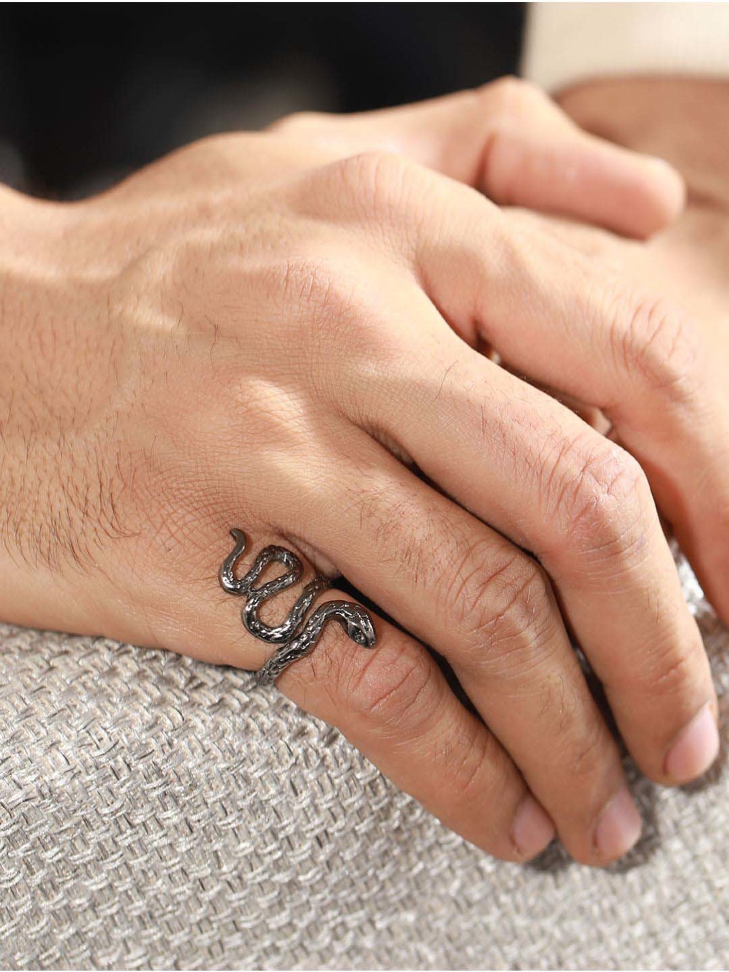 Bold by Priyaasi Black Textured Snake Silver-Plated Ring for Men