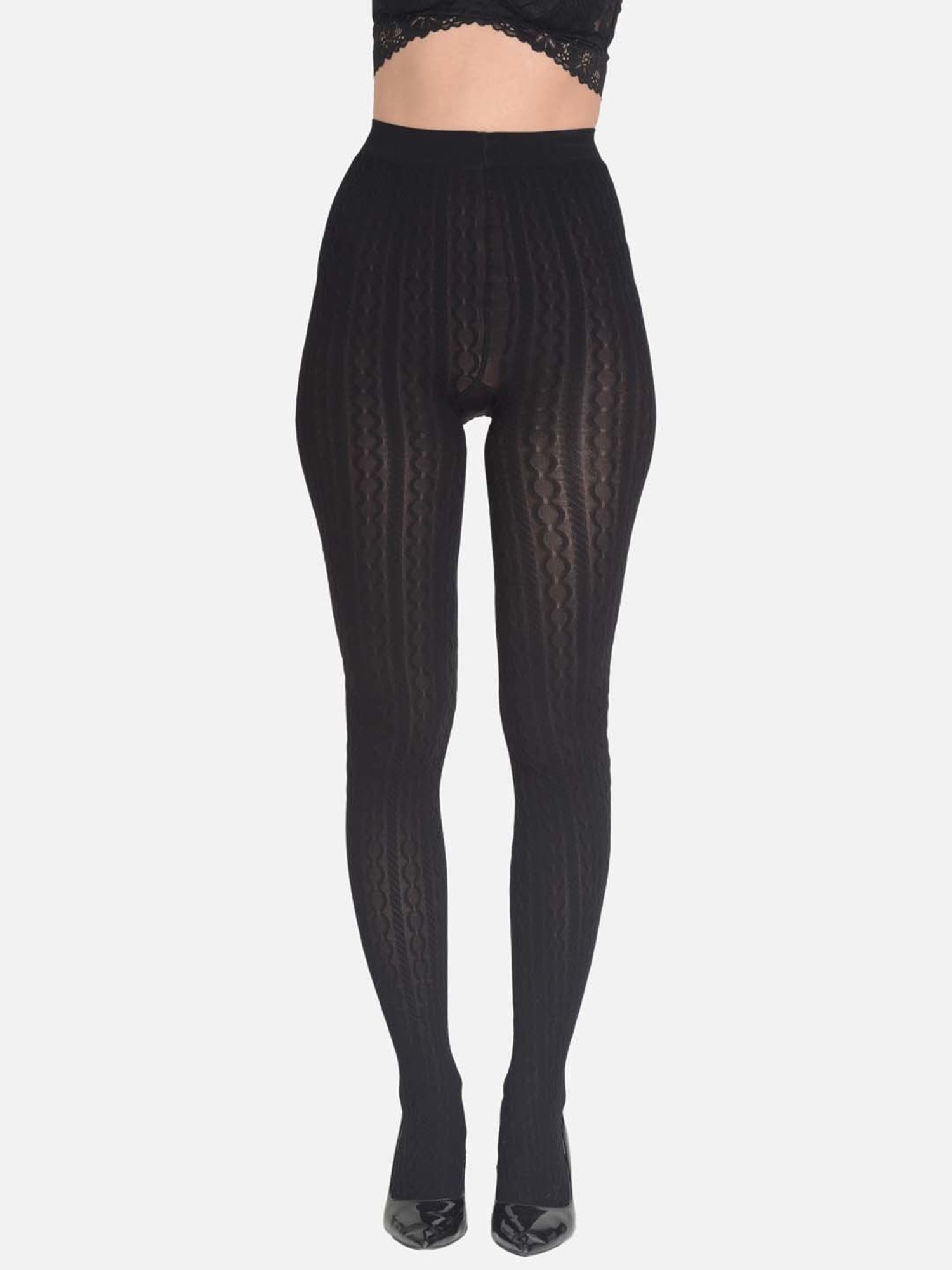 mod & shy Black Self Pattern Pantyhose Stockings