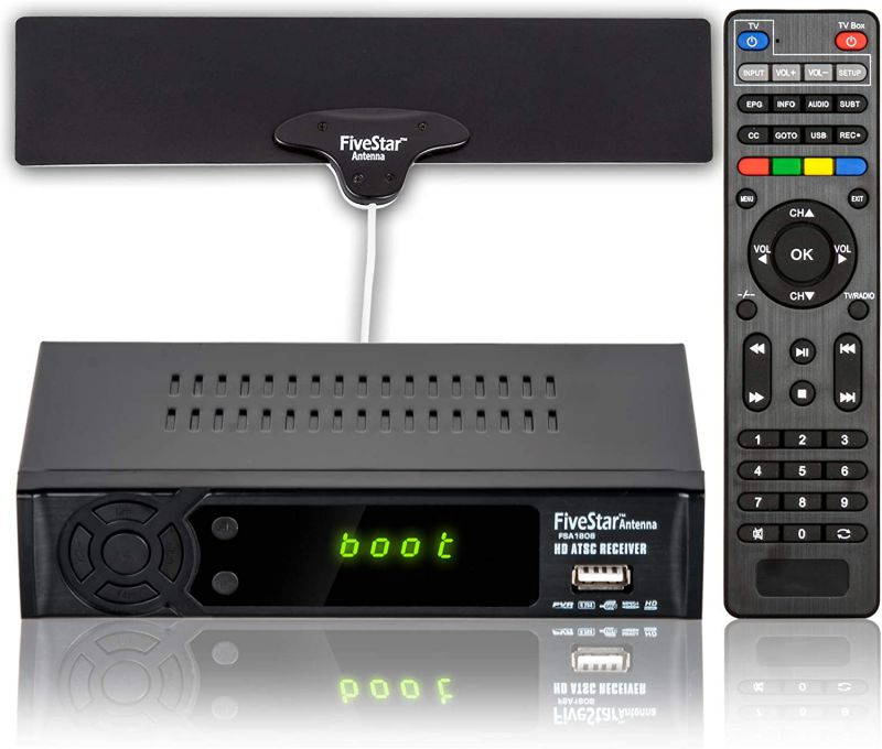 Five Star HD Digital TV CONVERTER BOX w/ 1080p HDMI Output, ATSC, 40 Miles Over The Air(OTA) Flat Antenna & Amplifier, Daily/Weekly Scheduled PVR Recorder w. TV Control Learning Buttons