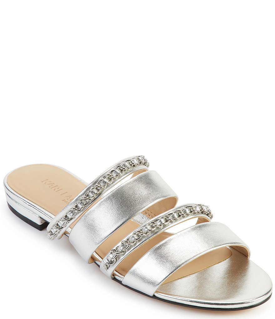 KARL LAGERFELD PARIS Caliana Metallic Leather Chain Detail Flat Sandals