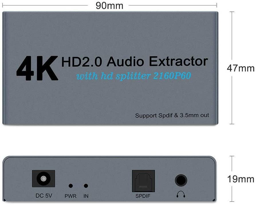 HDMI2.0 Splitter 1 in 2 Out with HDMI 1X2 Audio Extractor + Optical and 3.5mm Audio Output Powered Splitter 1 Source onto 2 Displays Support 3D 4K60HZ for PS4 Xbox One DVD Blu-ray Player TV Projector