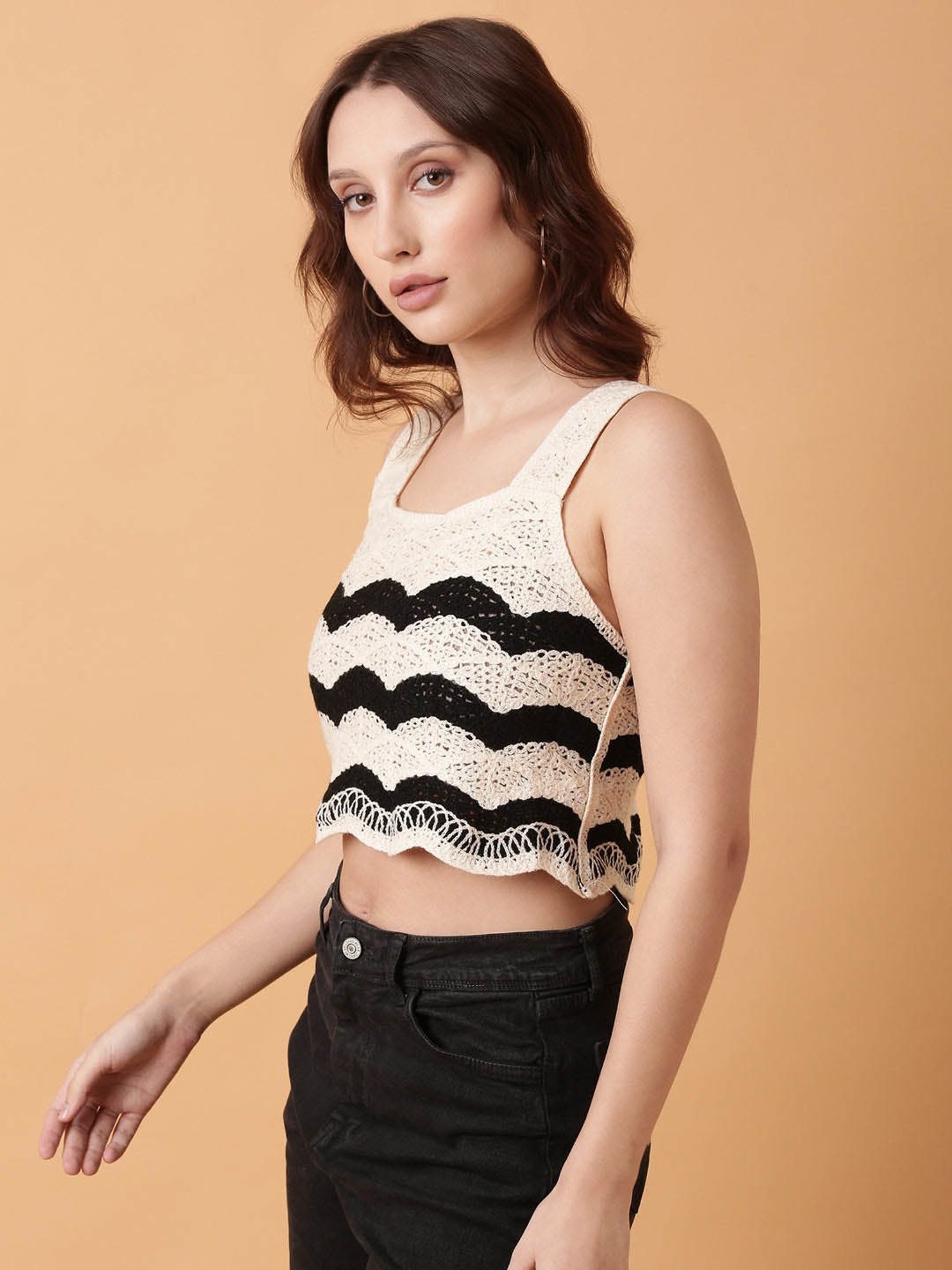 SHOWOFF Beige Self Design Crop Top