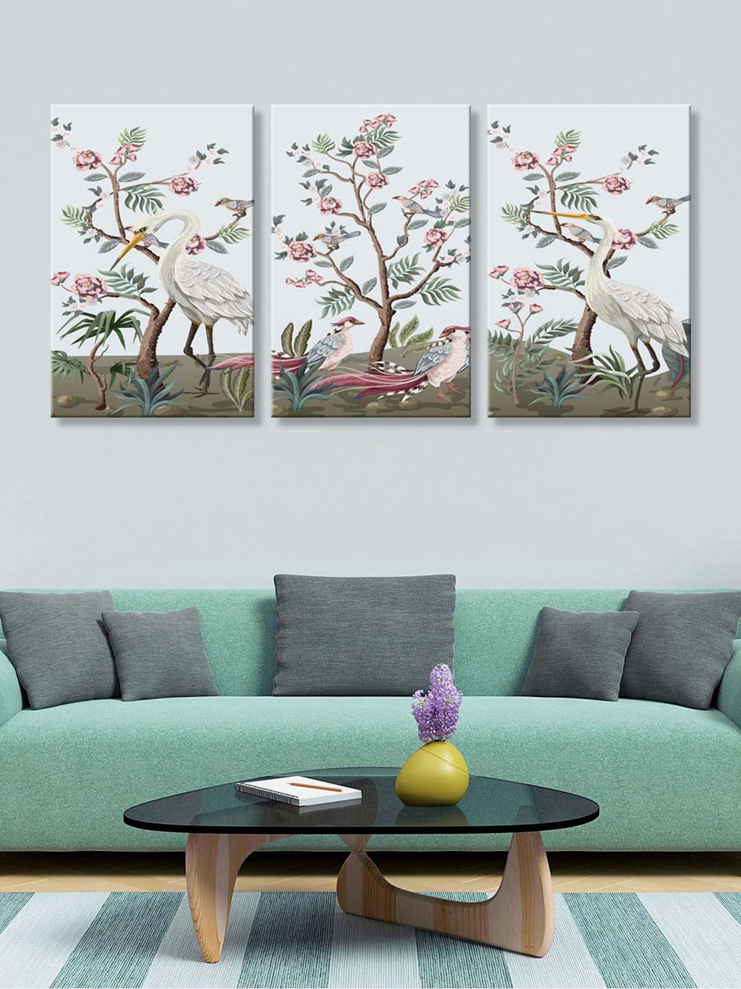 999Store Multicolor Flamingo with Tree Art 3 Frame Canvas Paintings