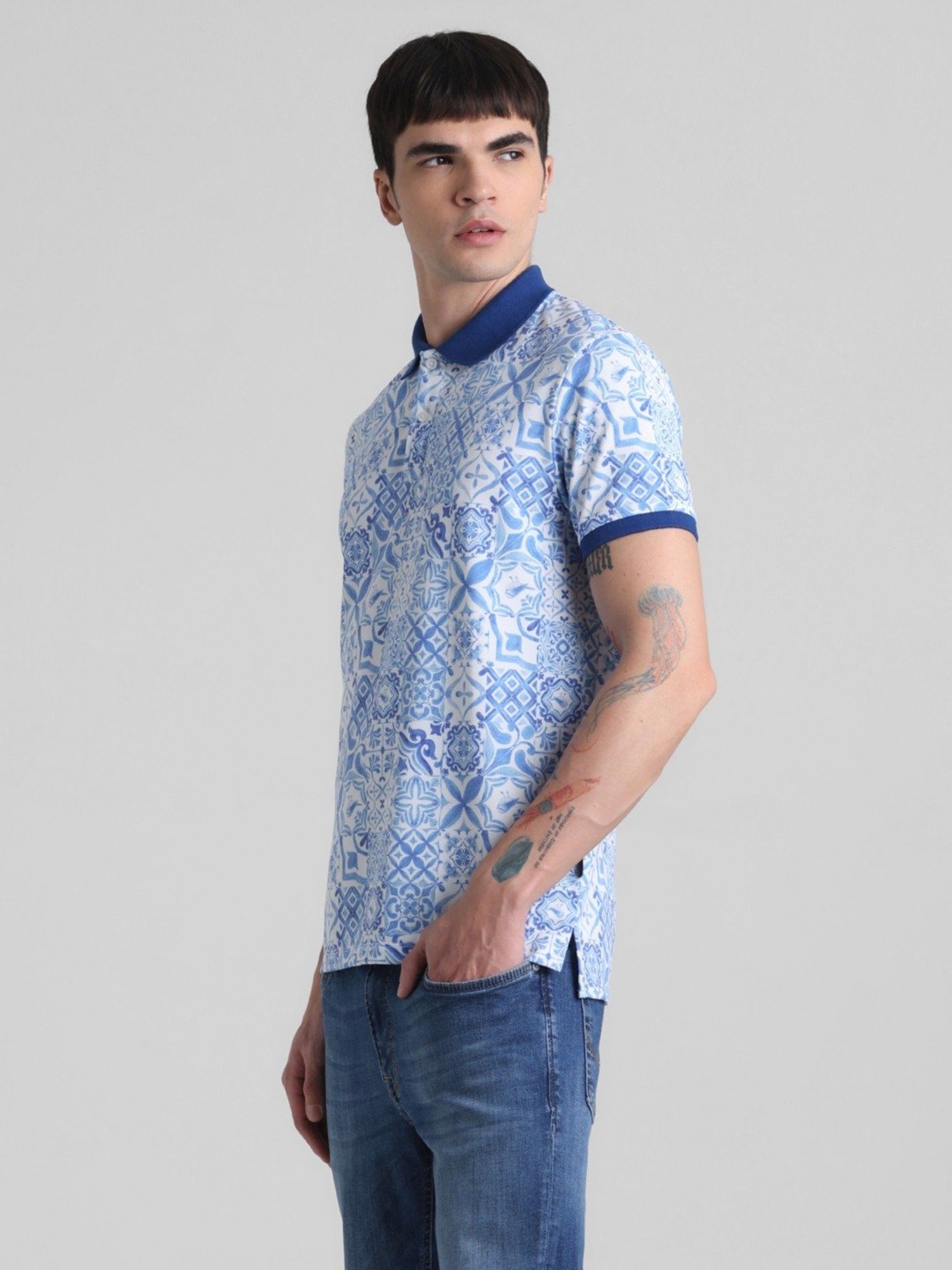 Jack & Jones Blue Ashes Cotton Regular Fit Printed Polo T-Shirt