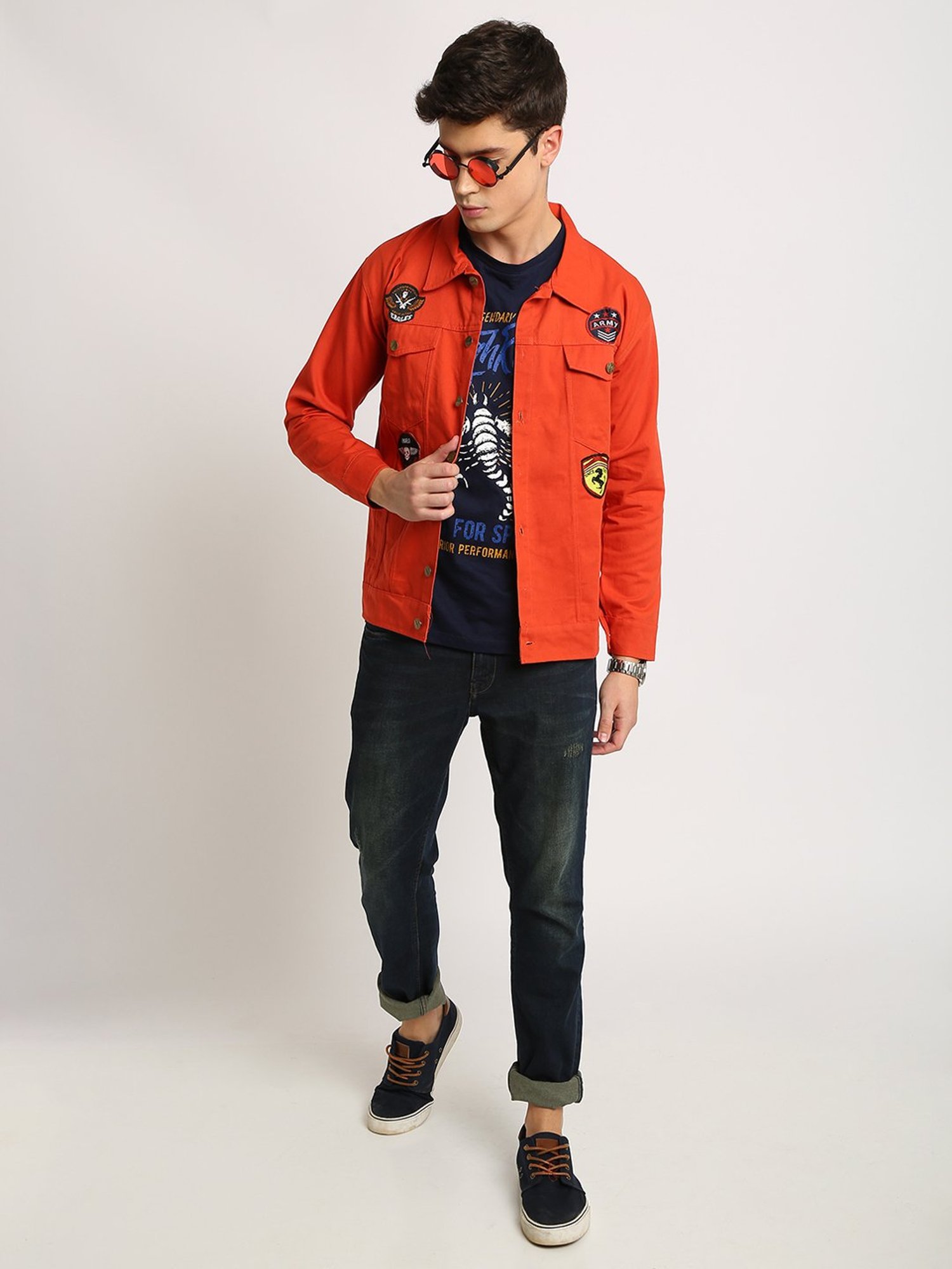 VOXATI Orange Full Sleeves Shirt Collar Denim Jacket
