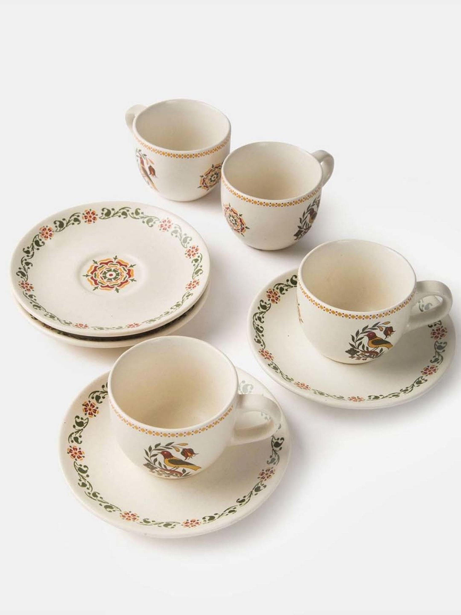 Fabindia Home Pushp Multicolor Ceramic Casted Cup & Saucer (180ml) - Set of 8