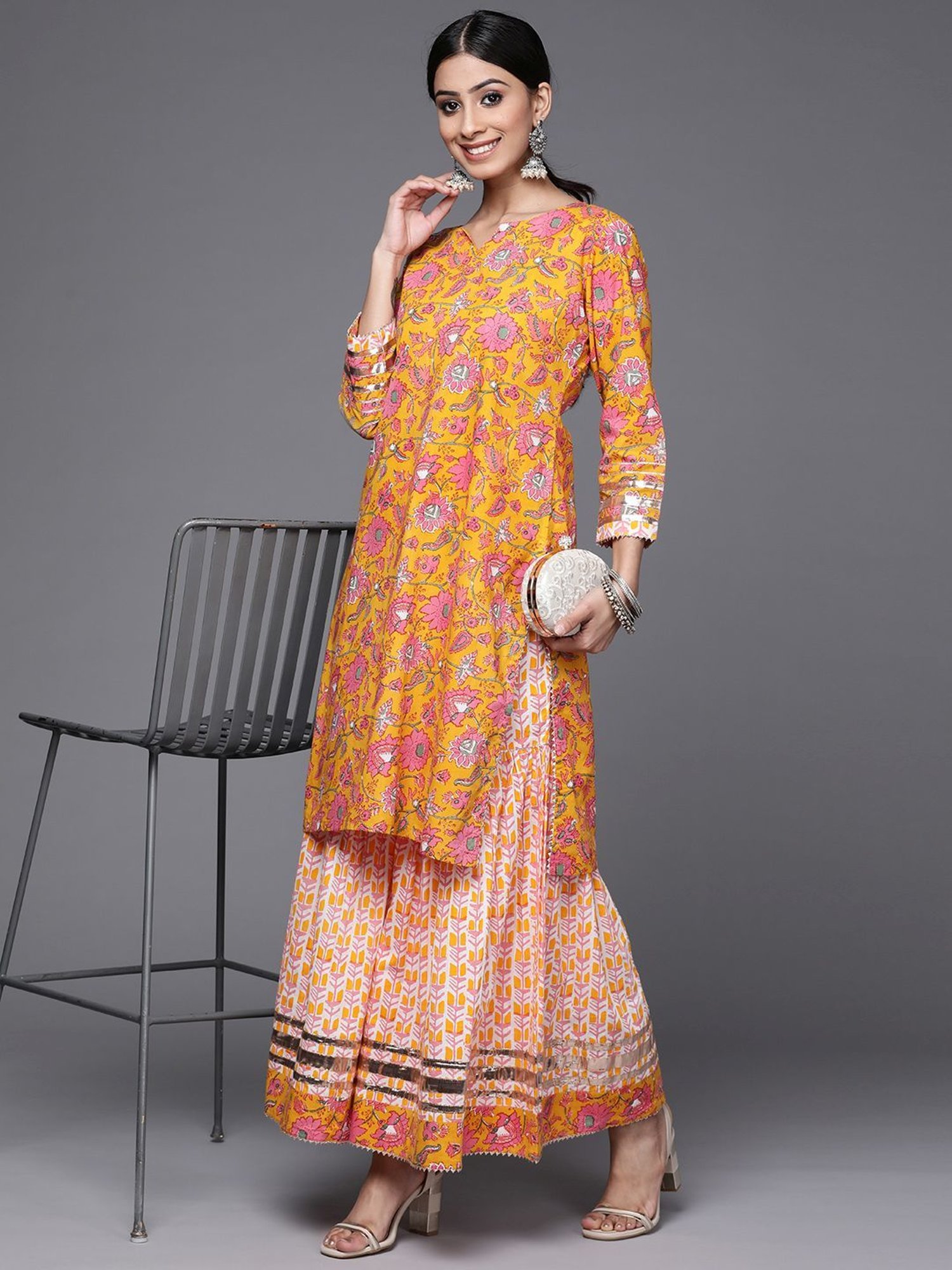 KSUT Yellow Cotton Printed Kurta Sharara Set