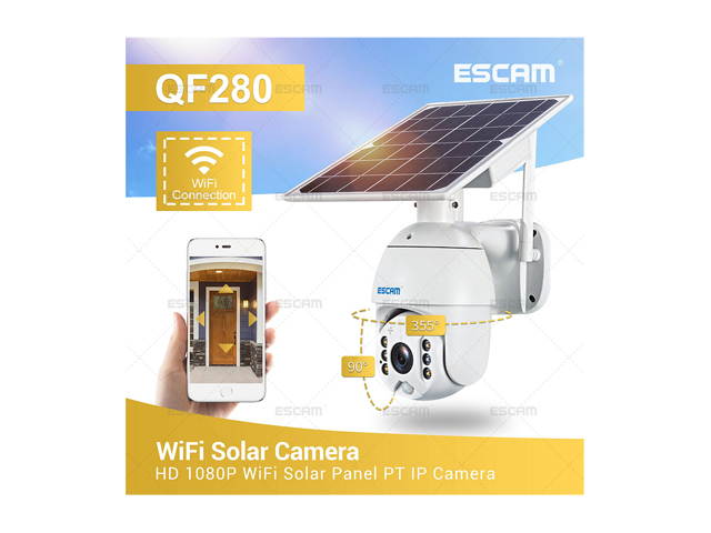 ESCAM QF280 1080P Cloud Storage PT WIFI Battery PIR Alarm IP Camera With Solar Panel Full Color Night Vision Two Way IP66 Waterproof Audio Camera