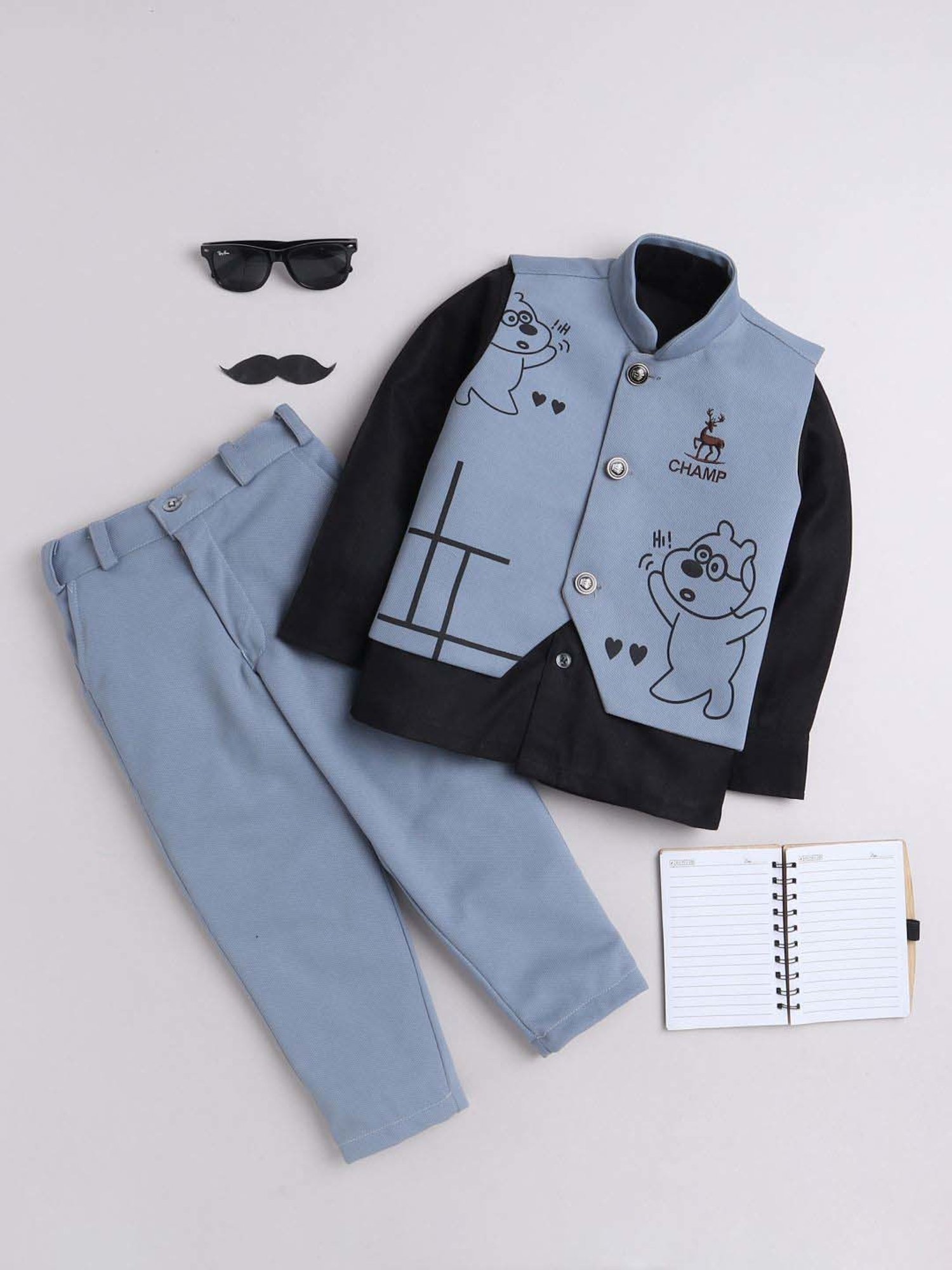 Fourfolds Boys Sage Blue Graphic Full Sleeves Clothing Set