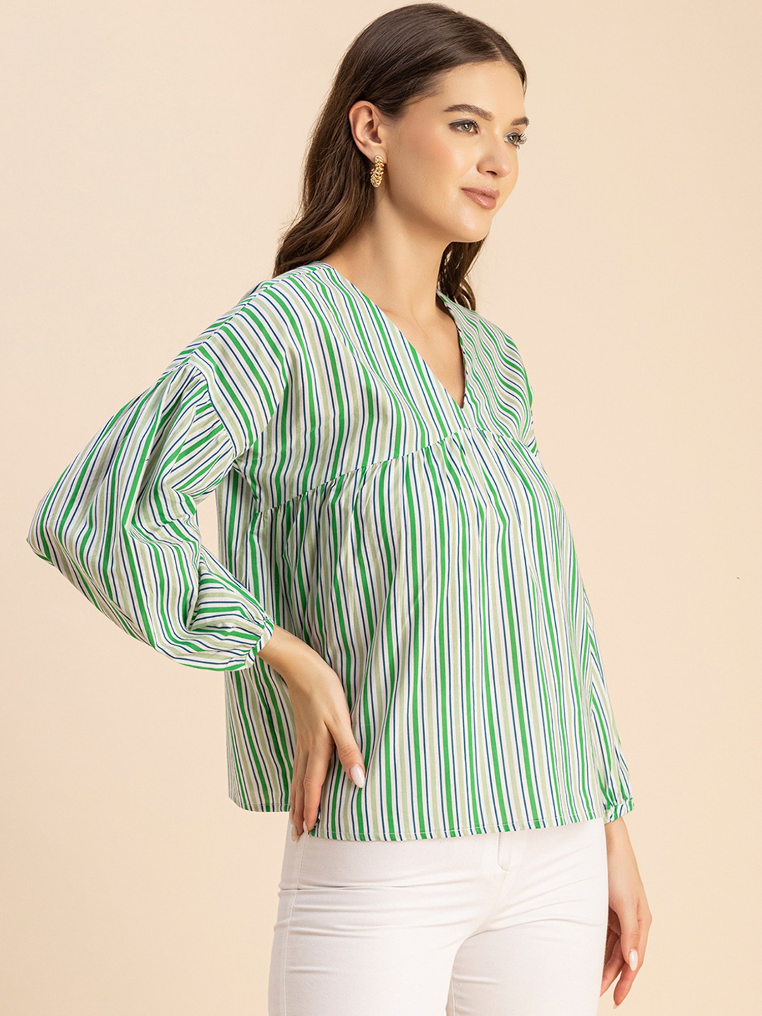 Moomaya Green Cotton Striped Top