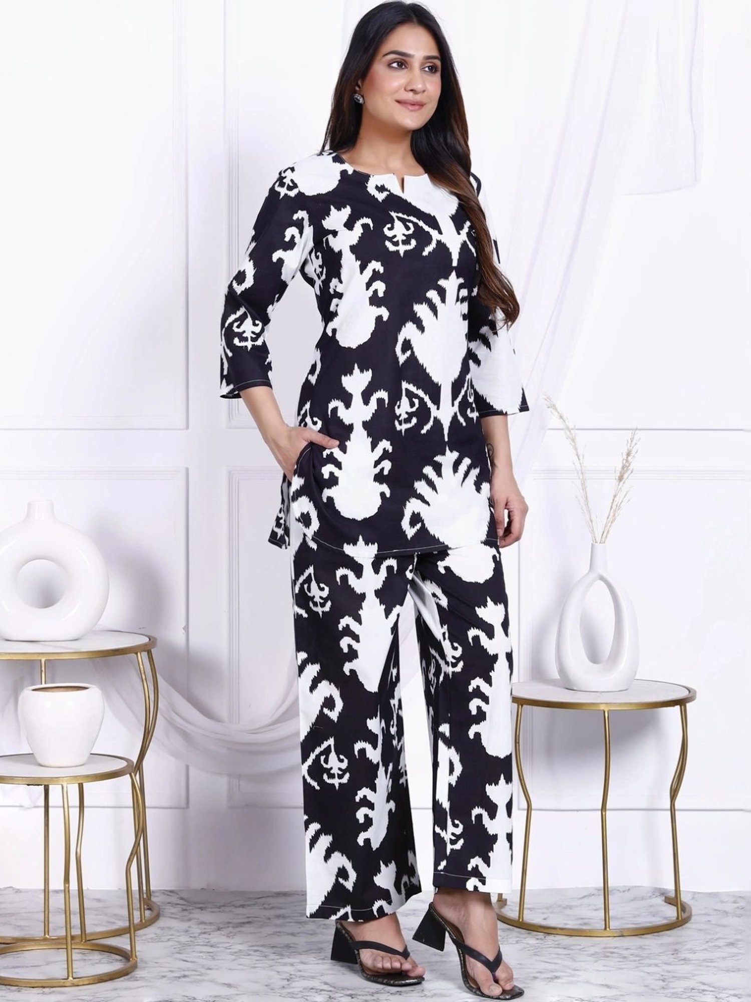 Kaftanize Black Abstract Printed Cotton Short Tunic with Pant