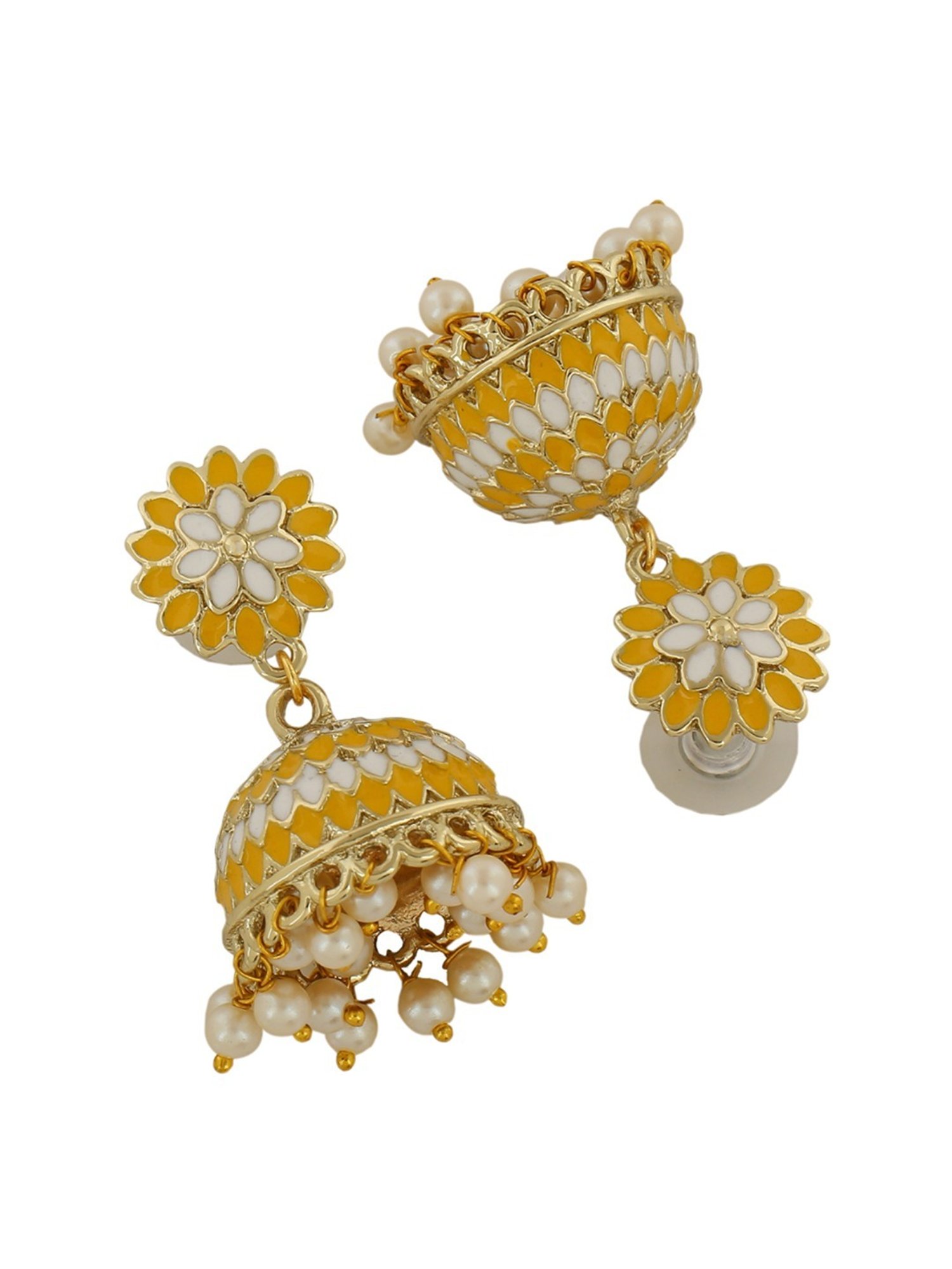 Estele Gold-Plated Traditional Yellow Meenakari Jhumki Earrings