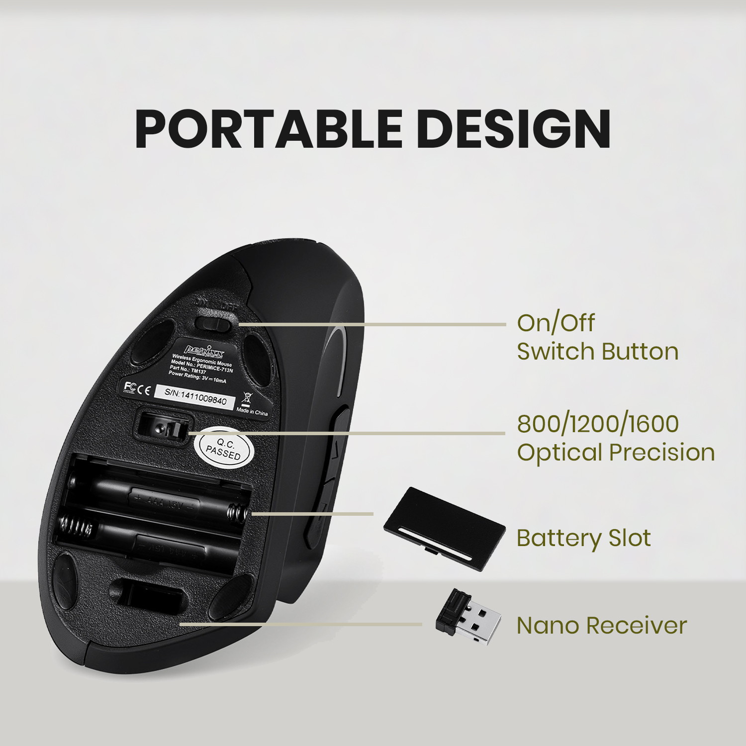 Perixx PERIMICE-713 Wireless Ergonomic Vertical Mouse - 1000/1500/2000 DPI - Right Handed - Recommended with RSI User