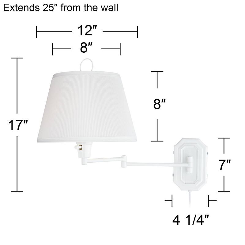Barnes and Ivy Swing Arm Wall Lamp White Plug-In Light Fixture Pleated Tapered Drum Shade for Bedroom Bedside Living Room Reading