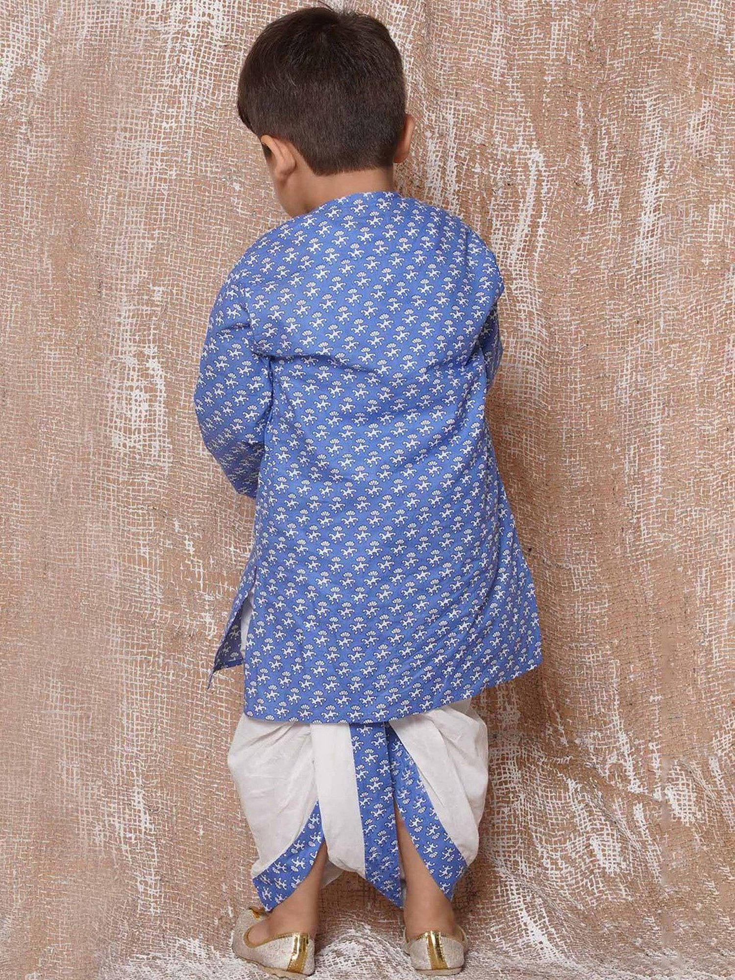 AJ Dezines Kids Blue & White Printed Full Sleeves Kurta with Dhoti