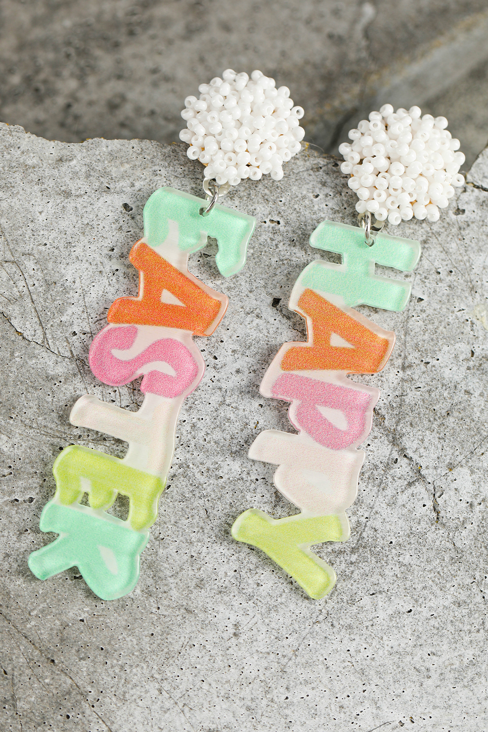 Pink HAPPY EASTER Shape Seed Beaded Detail Drop Earrings