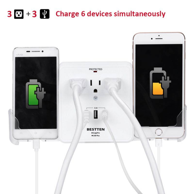 BESTTEN Cell Phone Charging Center, Triple 2.4A USB Charging Ports (3.1A Totally) with 2 Slide-Out Phone Holders for iPhone, iPad and Others, Wall Mount Design, ETL Certified, White