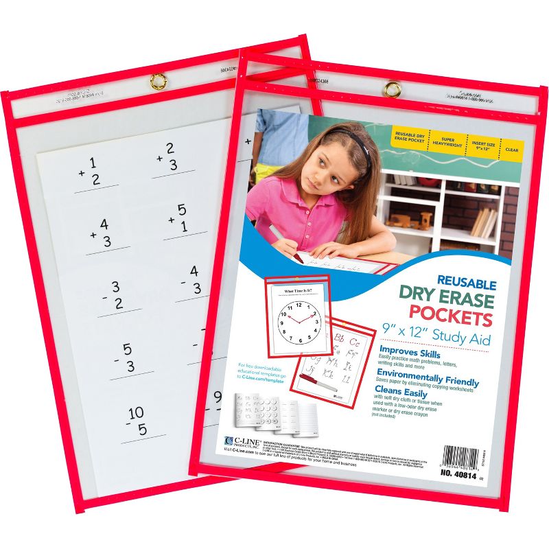 C-Line Dry Erase Pocket Reusable 9"x12" 30/BX Red 40814