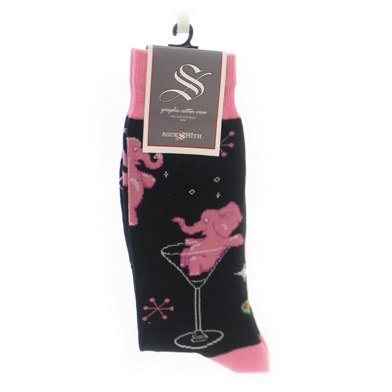 Novelty Socks 10.0" Pink Elephant Black Cotton Crew Martini Socksmith  -  Socks
