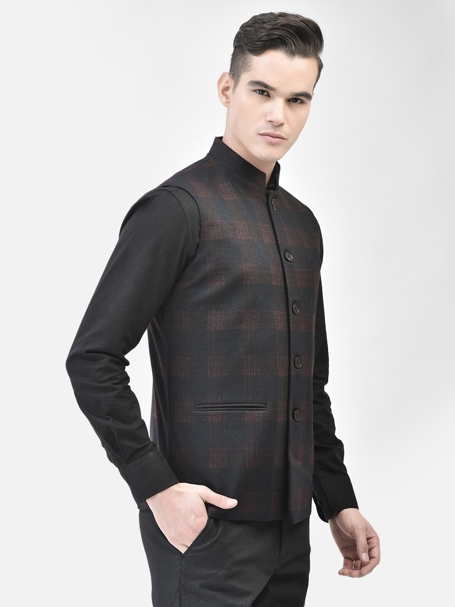Crimsoune Club Red Slim Fit Checks Nehru Jacket