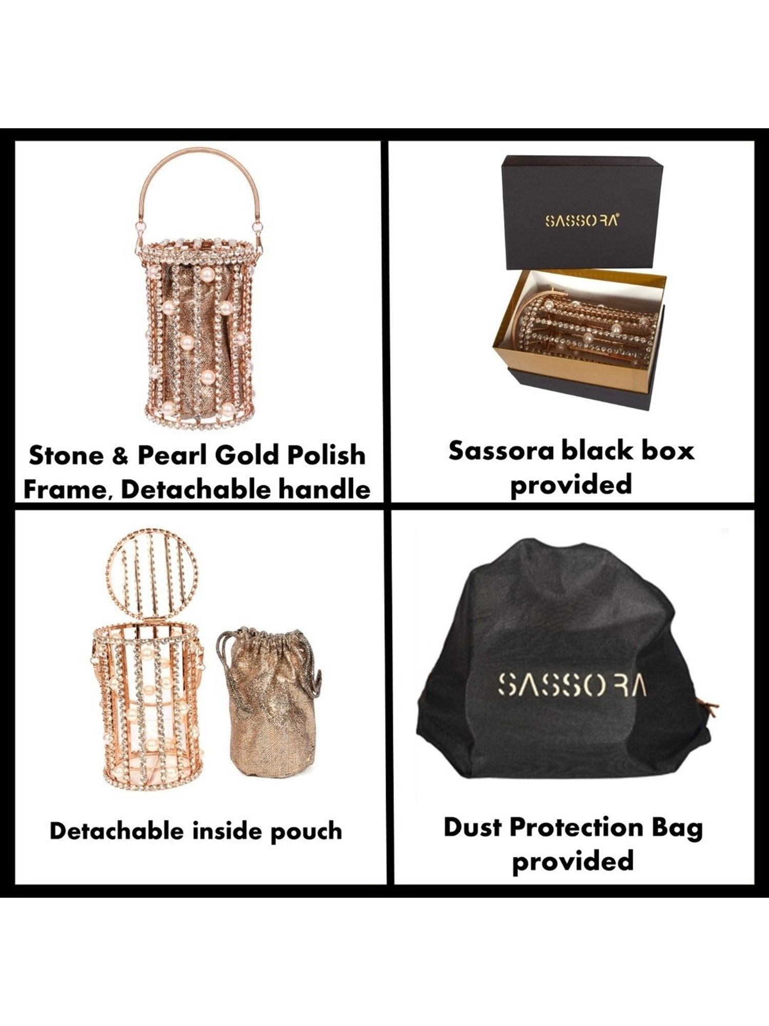 SASSORA IVORY Gold Leather Embellished Handbag