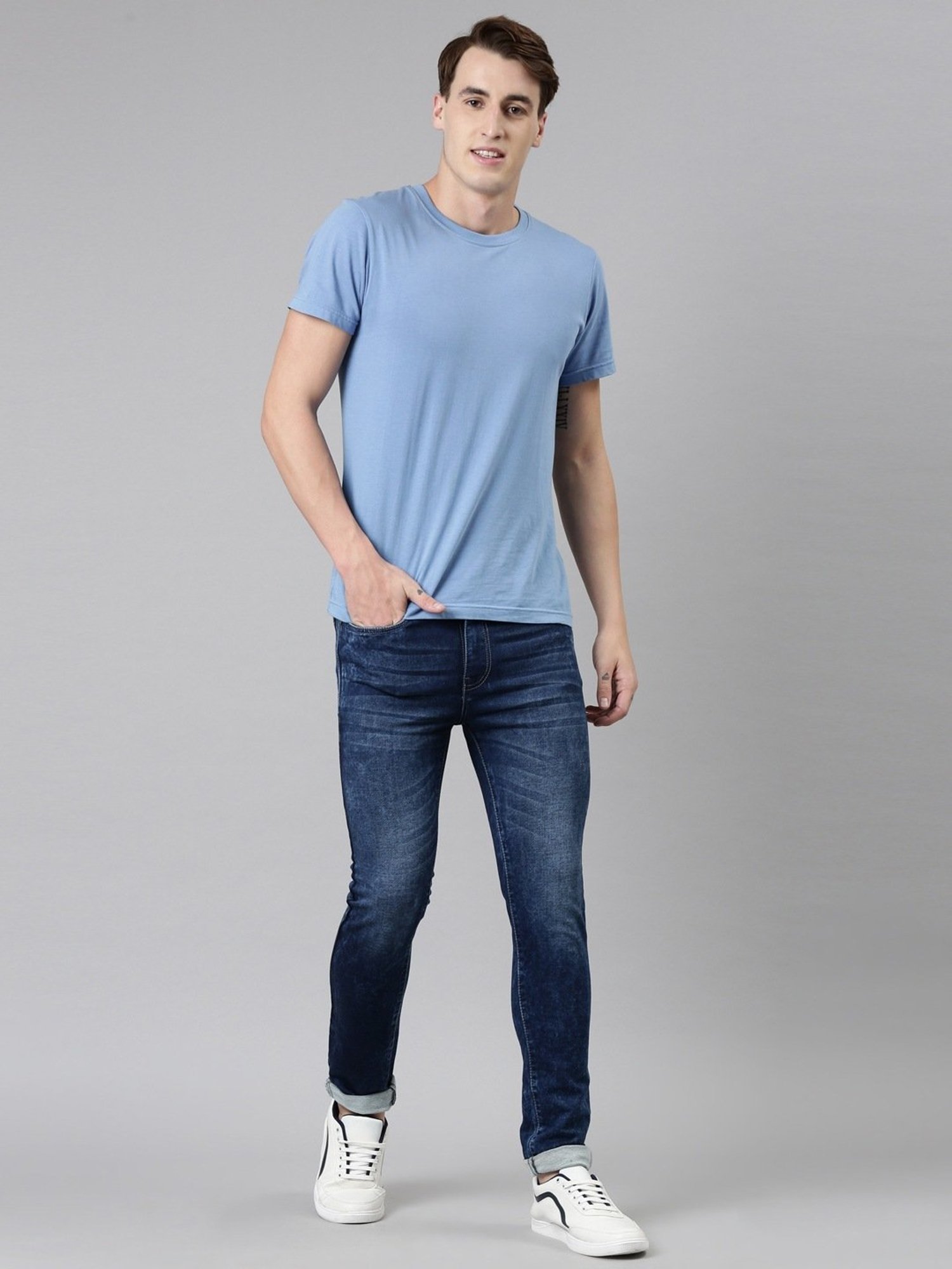 CINOCCI Blue Cotton Slim Fit Jeans