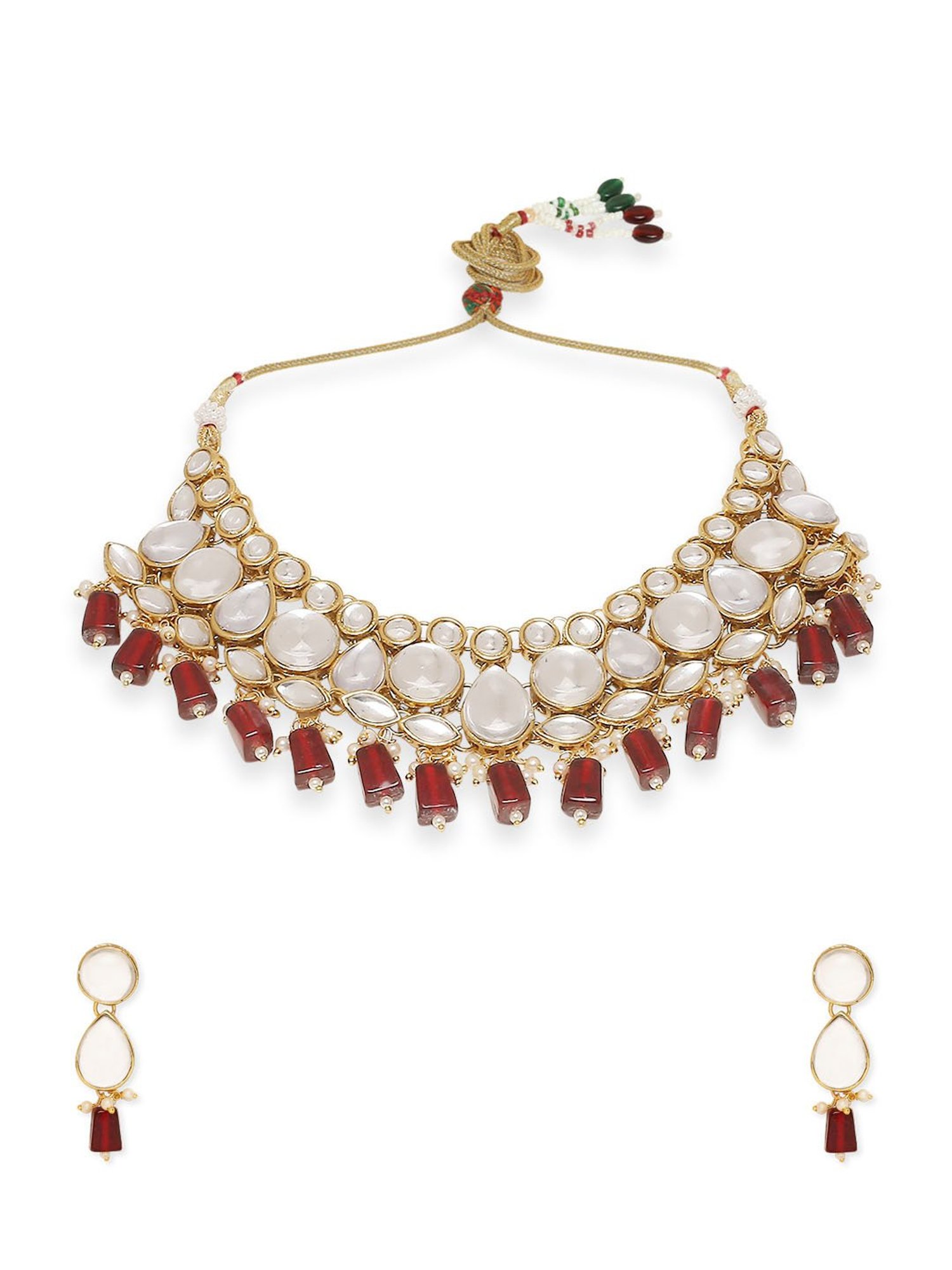 OOMPH Maroon Beads & Kundan Heavy Ethnic Jadau Choker Necklace Set with Drop Earrings