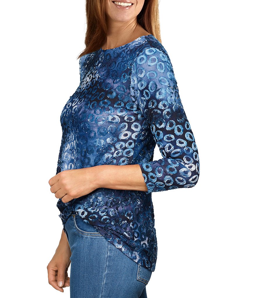 Ruby Rd. Leopard Tie-Dye Jacquard Ballet Neck 3/4 Sleeve Side Knot Hem Top