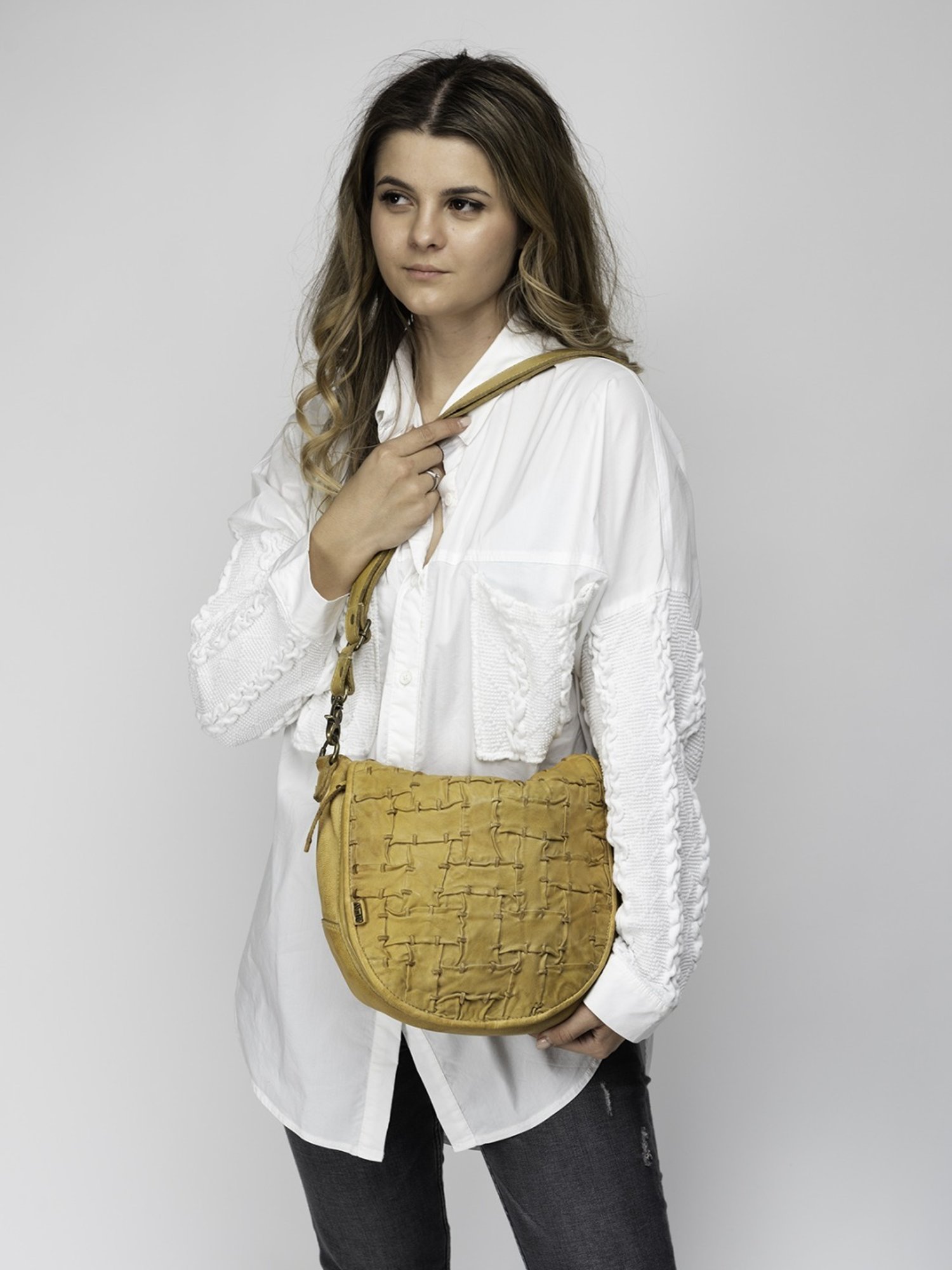 Art N Vintage Carla Mustard Yellow Leather Textured Small Sling Handbag