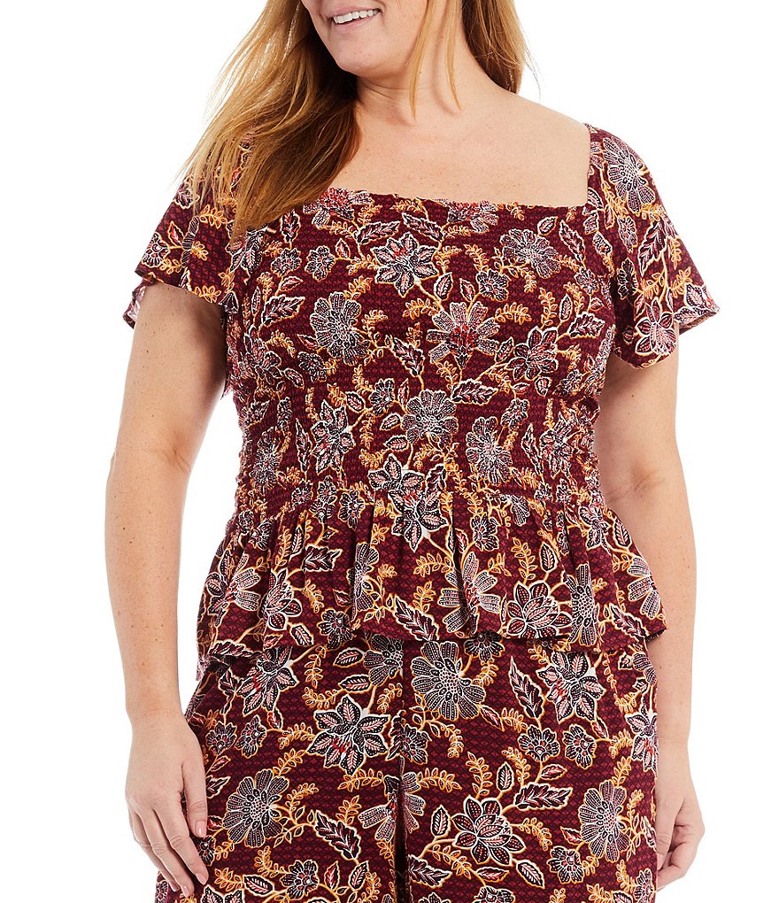 Jessica Simpson Plus Size Marie Red Dahlia Moroccan Print Square Neck Flutter Short Sleeve Smocked Top