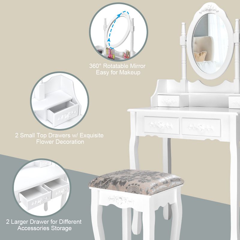 Costway Vanity Wood Makeup Dressing Table Stool Jewelry Desk 4 White
