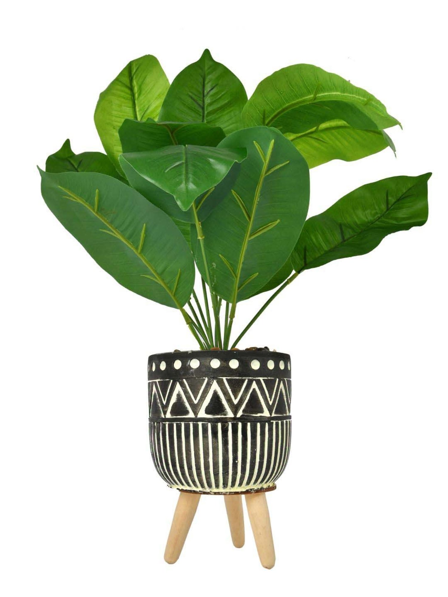 Tayhaa Black & Green Ceramic Faux Leaf Plant With Tribal Planter