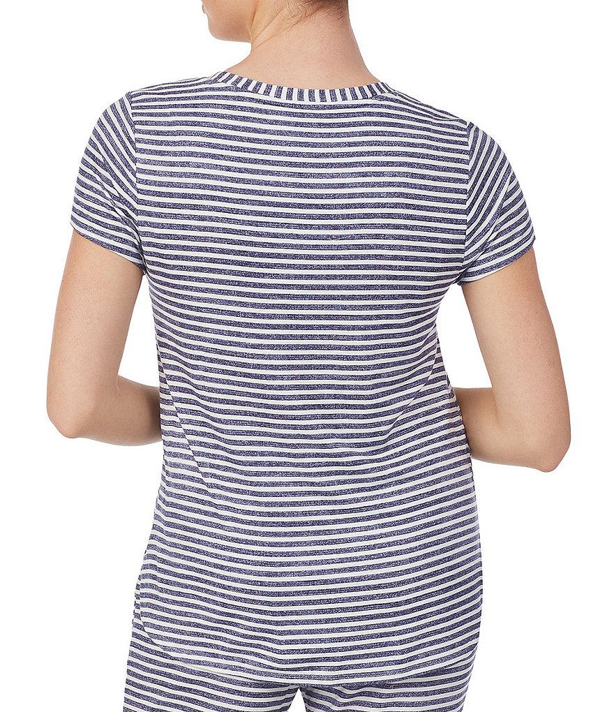 iRelax Striped Print French Terry Crew Neck Short Sleeve Coordinating Sleep Top