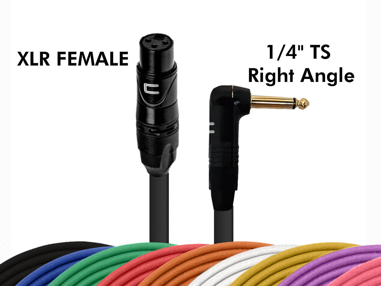 3-Pin XLR Female - Right Angle 1/4" TS Unbalanced Mono Cable Custom Length Color