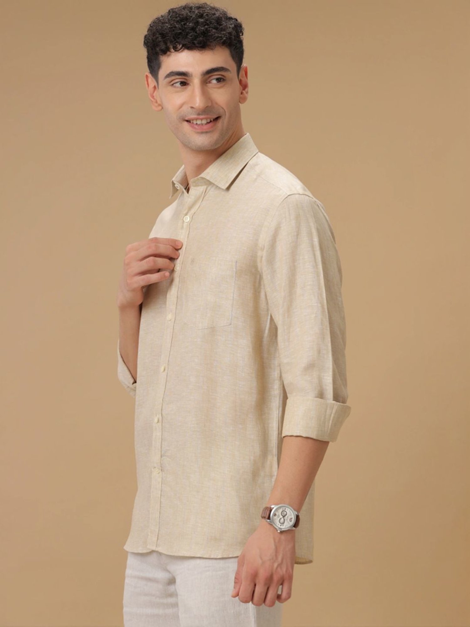 Linen Club Beige Linen Contemporary Fit Striped Shirt