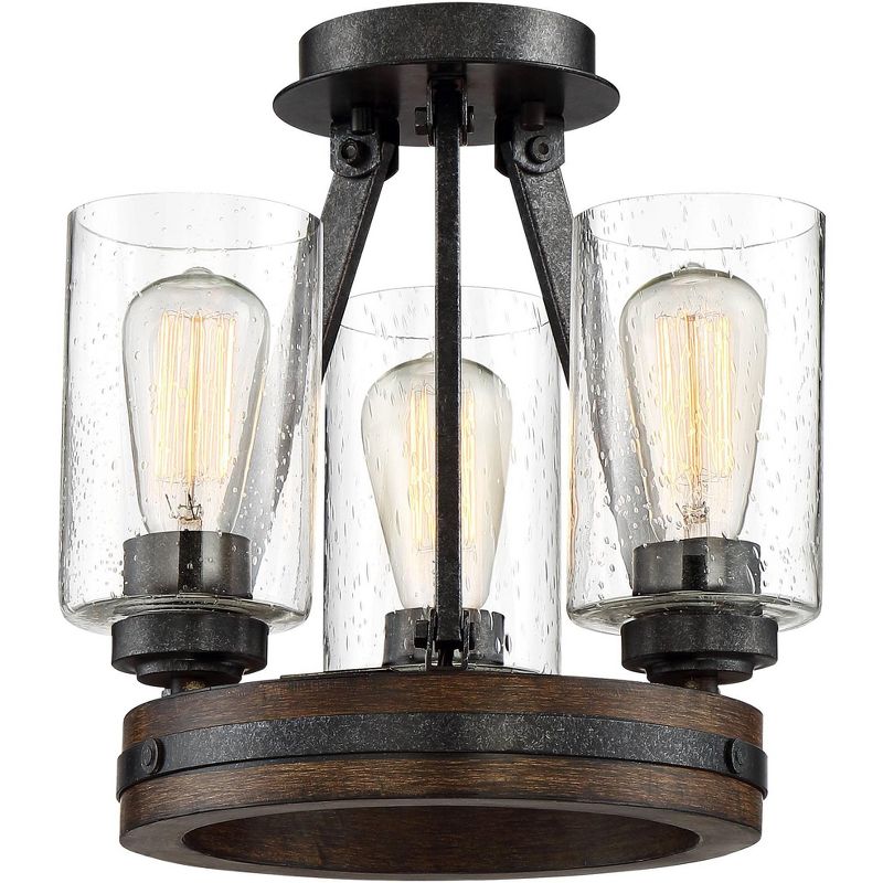 Franklin Iron Works Industrial Ceiling Light Semi Flush Mount Fixture Iron Gray 12" Wide 3-Light Faux Wood Seeded Glass Bedroom